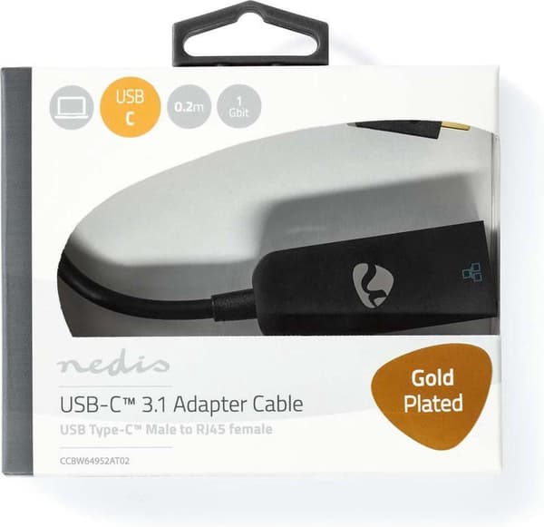 Nedis USB-nätverksadapter, USB 3.2 Gen 1 - 1000 Mbps, 0,2 m - USB-C™ hane - RJ45 hona - 0,20 m - Rund - Guldpläterad - Förtennad koppar - Antracit (CC