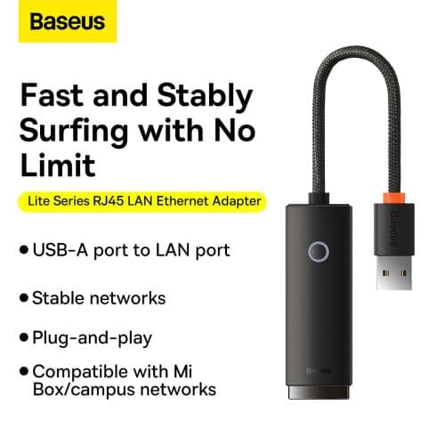 ADAPTOR RETEA Baseus Lite, USB 2.0 to RJ-45 10/100 Mbps Adapter, LED, negru "WKQX000001" (timbru verde 0.18 lei)  - 6932172606022