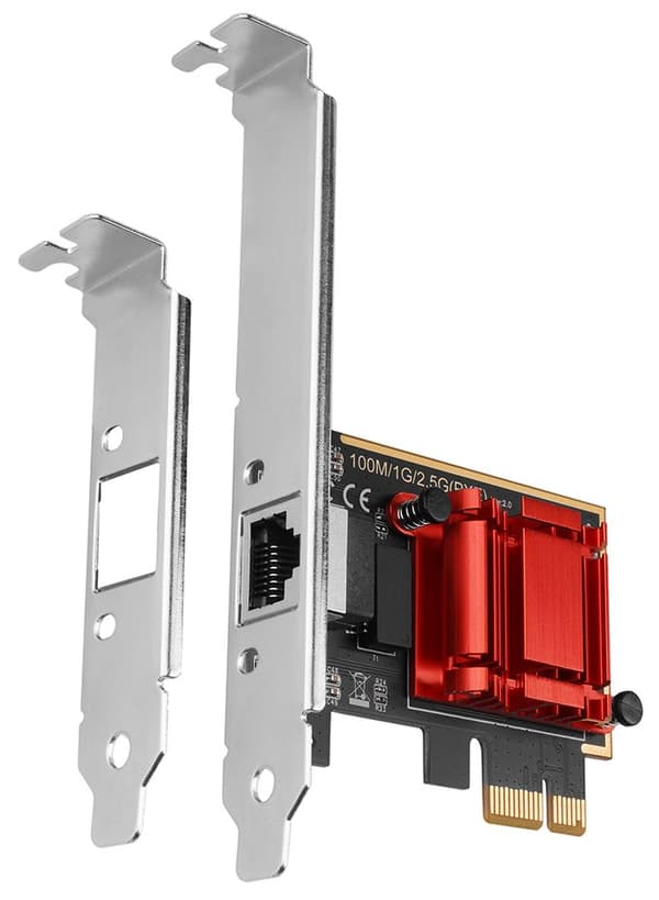 PCI-Express network card with 2.5 Gbit/s transmission rate and PXE support. Rød, Sølv