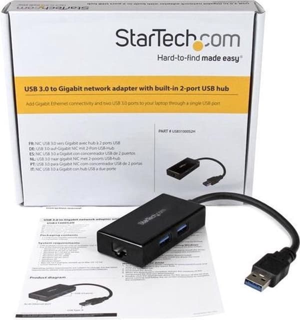 USB 3.0 till Gigabit nätverksadapter med inbyggd 2-ports USB-hubb