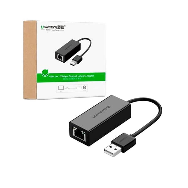 Ugreen eksternt nettverkskort RJ45 - USB 2.0 100 Mbps Ethernet svart (CR110 20254) Sort