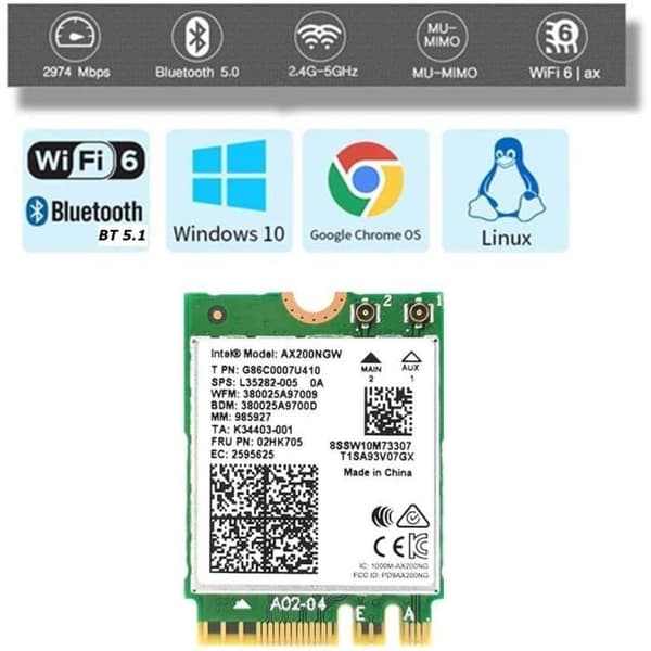 Intel Dual Band Wireless-AX200NGW WLAN/Wi-FI 6 AX200 2230 2x2 AX No vPro, 2,4GHz/5GHz WLAN, Bluetooth 5.1, M.2/A-E-Key 802.11ax
