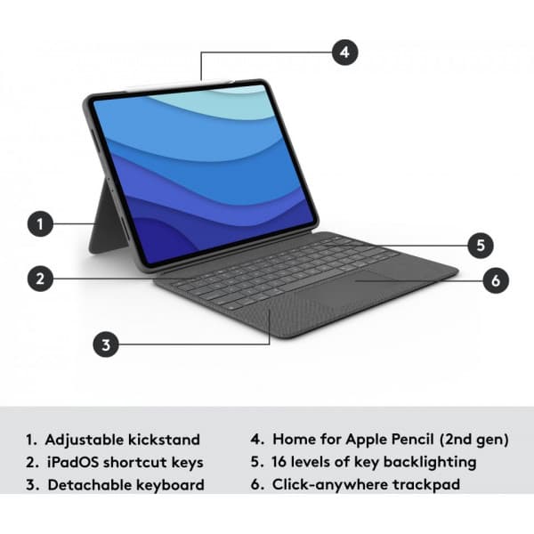 Logitech Combo Touch -tangentbord/skyddsfodral, 12,9" iPad Pro (5:e och 6:e generationen)