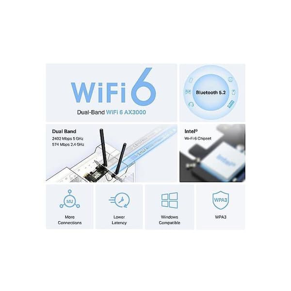 MERCUSYS WiFi 6 PCIe WiFi-kort AX3000Mbps - MA80XE - Bluetooth 5.3 Dualband - Intel Wi-Fi 6E-chipset - WPA3, MU-MIMO - Windows 11/10