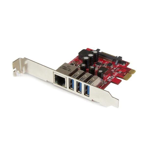 STARTECH 3-ports USB 3.0 och 1-ports Gigabit Ethernet PCI Express-kort med UASP - PCIe 3x USB 1x GbE-adapter Metallisk, Röd