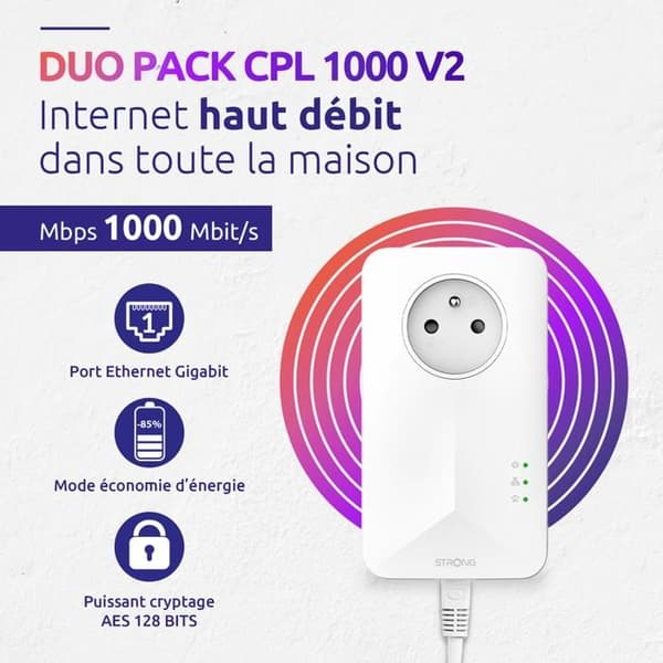 CPL-sæt - STRONG - Powerline 1000 Duo - Filtreret stikkontakt - Høj hastighed op til 1000 Mbit/s
