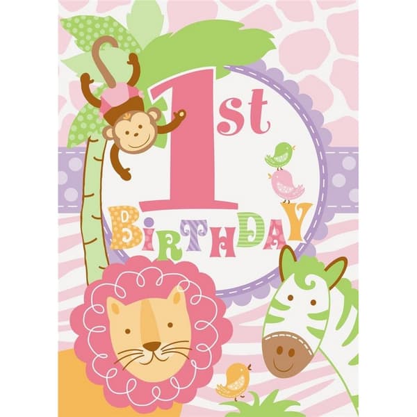 Unique Party Safari 1st Birthday Invitations (Pack of 8) Pastel/Pink 14cm x 10cm