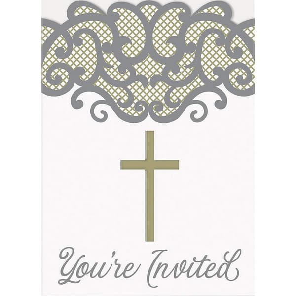 Unique Party First Holy Communion Invitations (Pack of 8) White/Grey/Gold One Size