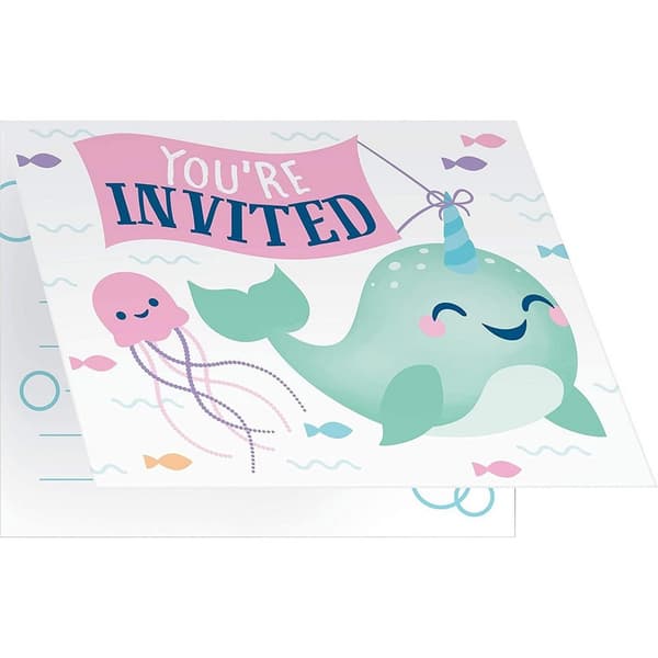 Creative Party Narwhal Invitations (Pack of 8) White/Green/Pink One Size