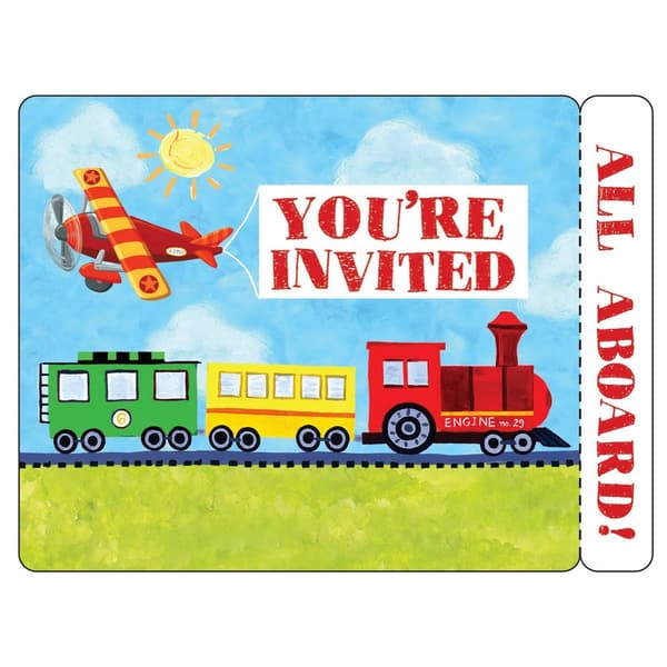 On The Go Transportation Party Invitations (Pack of 8) Multicoloured One Size