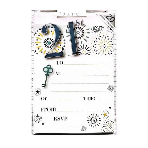 Firework 21st Birthday Invitations (Pack of 20) White/Blue/Yellow One Size