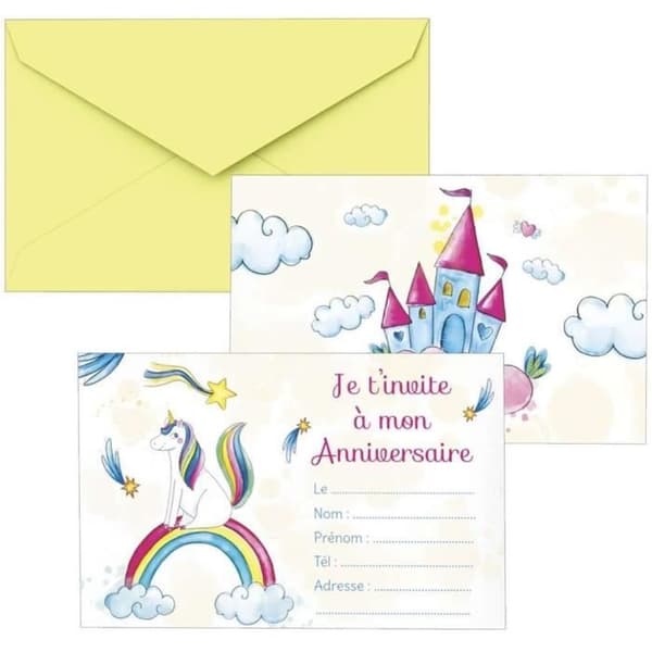 Inbjudningskort födelsedag - PTIT CLOWN - Enhörningar - Paket om 8 - Gula kuvert - 10,5 x 14,8 cm