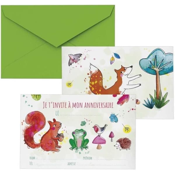 Inbjudningskort - P'TIT Clown - Skogs djur - Set om 8 - 10,5 x 14,8 cm - Grön kuvert