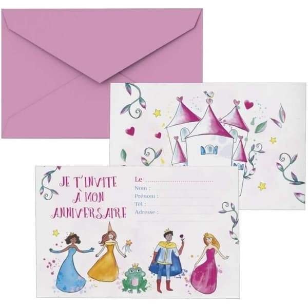 P'TIT Clown re22485 - Set med 8 inbjudningskort till prinsesskalas