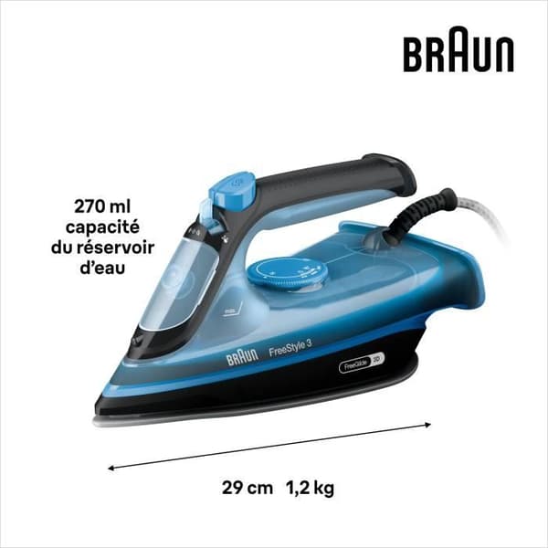 Braun FI3194 BK Freestyle 3 - Steam Iron - Power 2400 W - Constant Steam 45 g/min Pressing 200g/min - Superceramic Sole