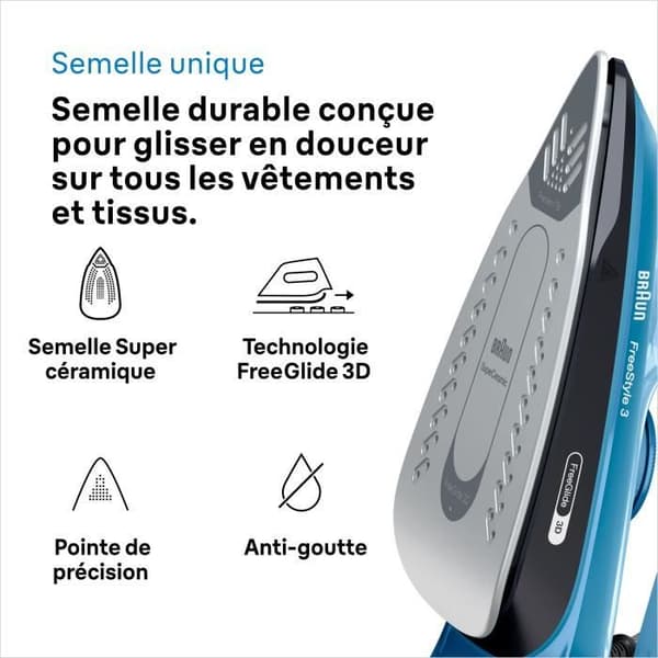 Braun FI3194 BK Freestyle 3 - Steam Iron - Power 2400 W - Constant Steam 45 g/min Pressing 200g/min - Superceramic Sole