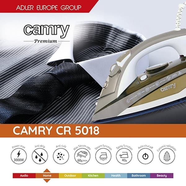 Camry CR 5018 Höyrysilitysrauta Ceramic Ultra Glide Ruskea, harmaa, valkoinen 3000 W