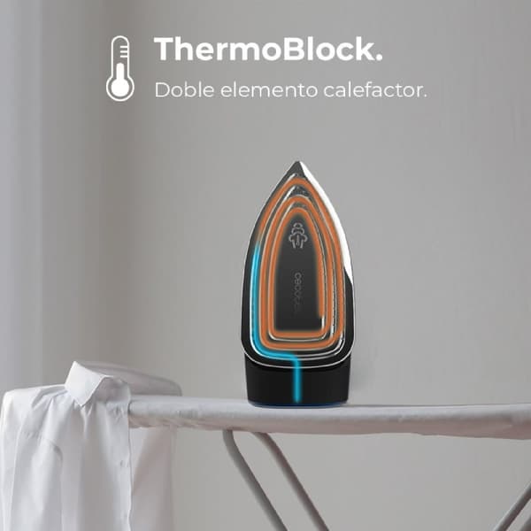 Cecotec Horizontal steam iron with pump and thermoblock, 3000 W. Temperature knob depending on the fabric, double anodised soleplate with double heat