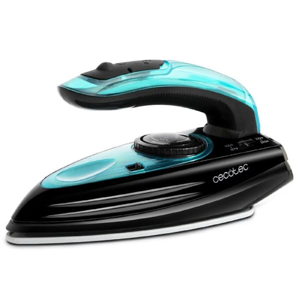 Cecotec 1200 W travel iron, 15 g/min continuous steam and 53 g/min steam burst. Dual voltage system.