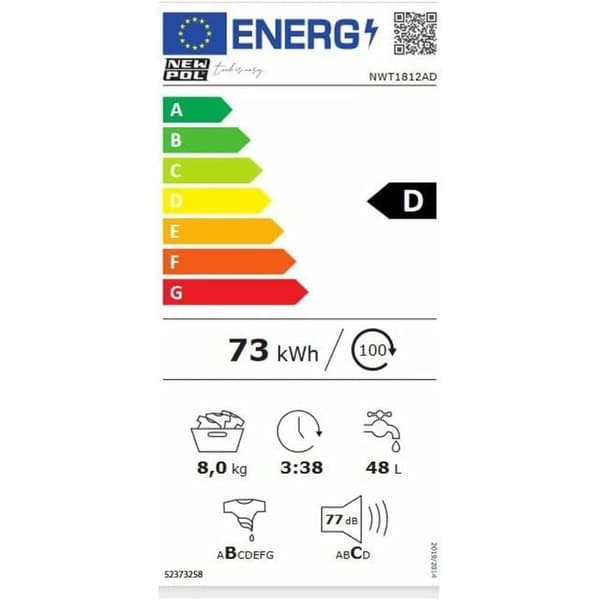 Pesukone NEWPOL NWT1812AD 59,7 cm 8 kg 1200 rpm