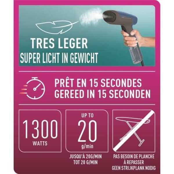 CALOR Access Steam First Garment Steamer, värms upp på 15 sek, kontinuerlig ånga 20 g/min, rengöringsmedel, 70 ml tank, DT6150C0