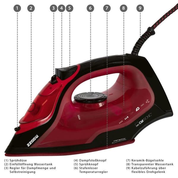 Ångstrykjärn med 7 funktioner 2200W Clatronic DB 3752 Svart/röd