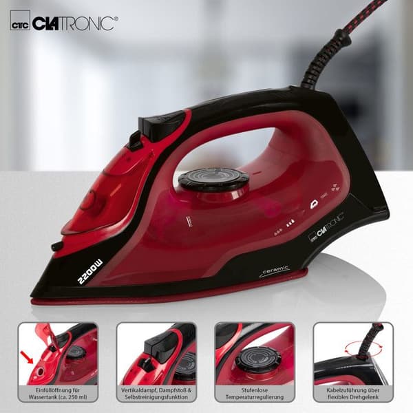 Ångstrykjärn med 7 funktioner 2200W Clatronic DB 3752 Svart/röd