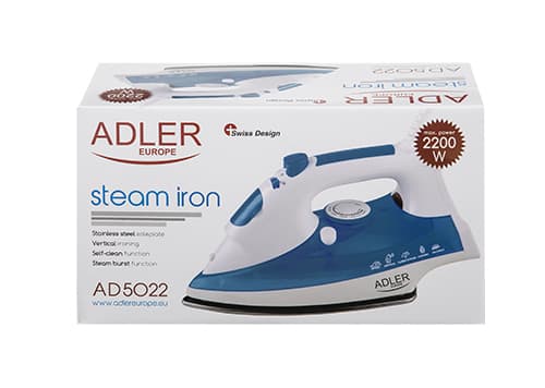 Adler AD 5022, Kuiva- & höyrysilitysrauta, Keraaminen pohjalevy, Sininen, Valkoinen, 2200 W, 220-240 V, 50 Hz