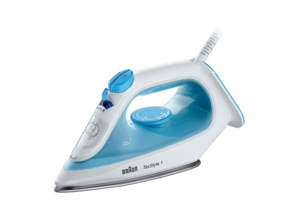 Braun TexStyle 1, Kuiva- & höyrysilitysrauta, Keraaminen pohjalevy, 1,9 m, 120 g/min, Sininen, Valkoinen, 0,22 L