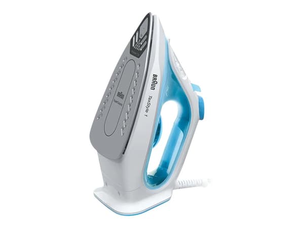 Braun TexStyle 1, Kuiva- & höyrysilitysrauta, Keraaminen pohjalevy, 1,9 m, 120 g/min, Sininen, Valkoinen, 0,22 L