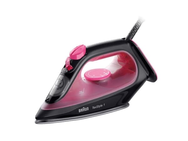 Braun TexStyle 1, Kuiva- & höyrysilitysrauta, Keraaminen pohjalevy, 1,9 m, 130 g/min, Musta, Purppura, 0,22 L