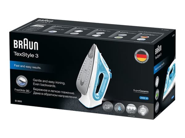 Braun TexStyle 3 Steam Iron SI 3053 Blue, Keraaminen pohjalevy, 2 m, Sininen, 0,27 L, 2400 W