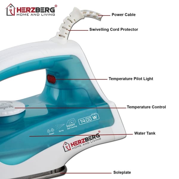 Herzberg HG-8038 1400W höyrysilitysrauta - turkoosi