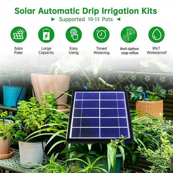 Moorle Dryp vanding solenergi – 15 m slange, automatisk med timer og anti-sifon, perfekt til have, drivhus, potteplanter