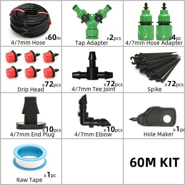 Droppbevattningssystem, Justerbara droppmunstycken, Mikroträdgårdsbevattning, 60M KIT