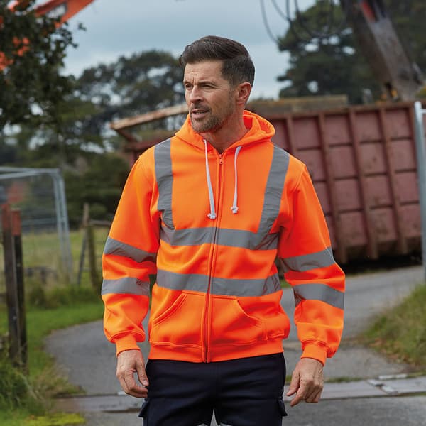 Yoko Mens Hi Visibility Full Zip Reflective Work Hoodie med full dragkedja