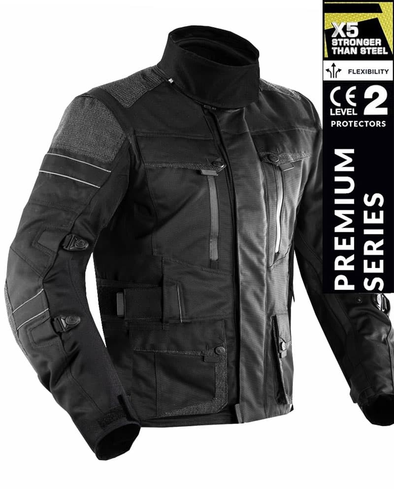 PREMIUM DYNATECH BLACK KEVLAR 17092:2020 WATERPROOF MC ALLVÄDERSJACKA