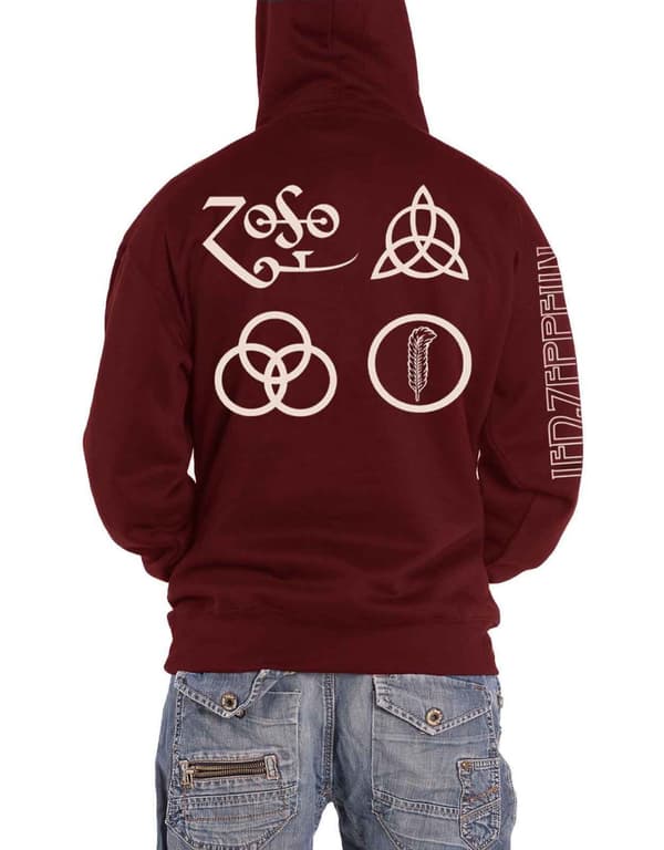 Led Zeppelin Hoodie Symbols Band Logo Official Mens Maroon Red Zipped