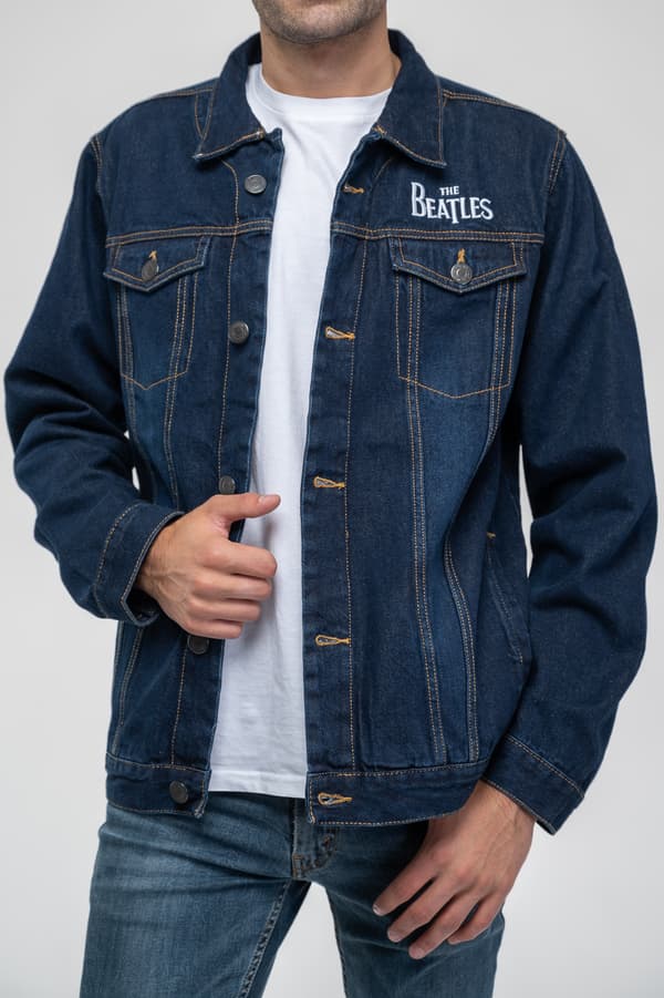 The Beatles Denim Jacket Drum Drop T Band Logo Official Unisex Blue