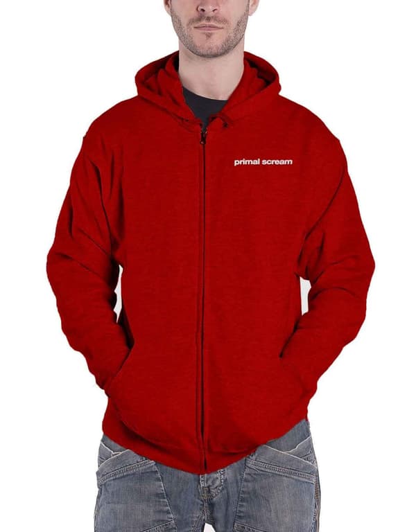 Primal Scream Hoodie Screamadelica Band Logo Official Mens Red Zipped