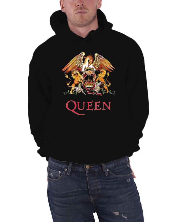 Queen Hoodie Classic Crest Band Logo Official Mens Black Pullover Black L