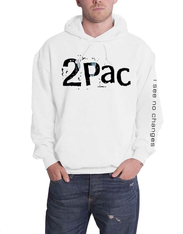 Official Mens Tupac Hoodie I See No Changes 2PAC Logo White Pullover White XXL