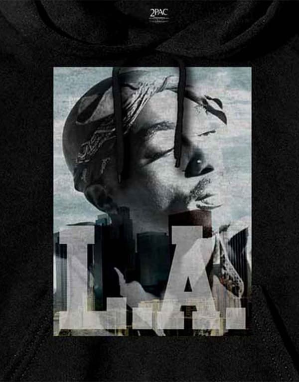 Tupac Hoodie LA Skyline Portrait Logo Official Mens Black Pullover