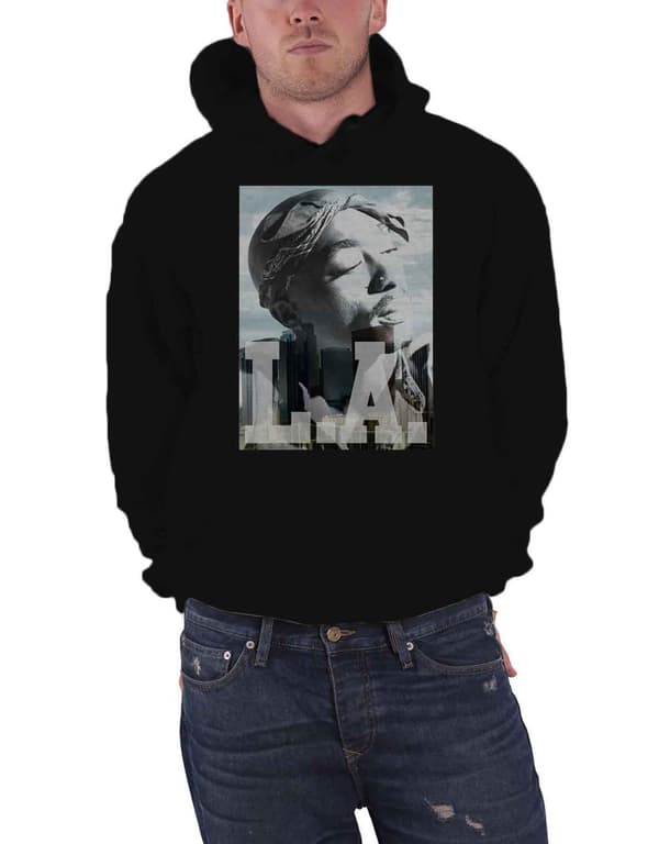 Tupac Hoodie LA Skyline Portrait Logo Official Mens Black Pullover Black XL
