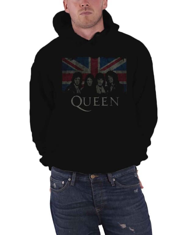 Queen Hoodie Vintage Union Jack band logo Official Mens Black Pullover Black XL
