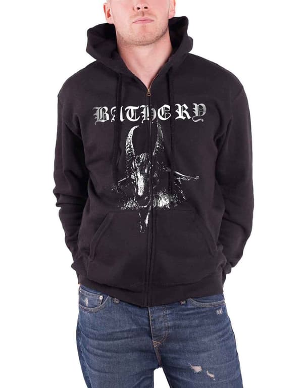 Bathory Hoodie Goat band logo Official Mens Black Zipped Black S