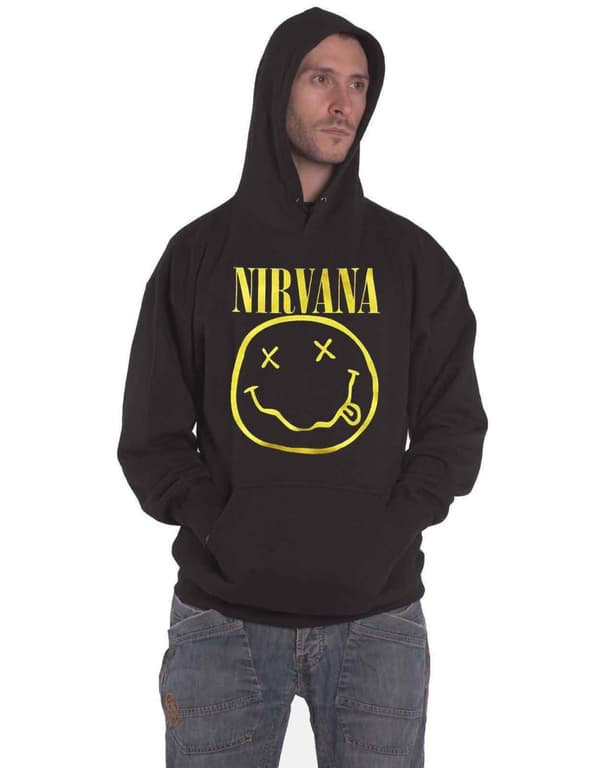 Nirvana Hoodie Yellow Smile Band Logo Official Mens Black Pullover