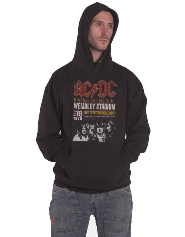 AC/DC Hoodie Wembley 1979 Band Logo Official Mens Black Pullover Black S