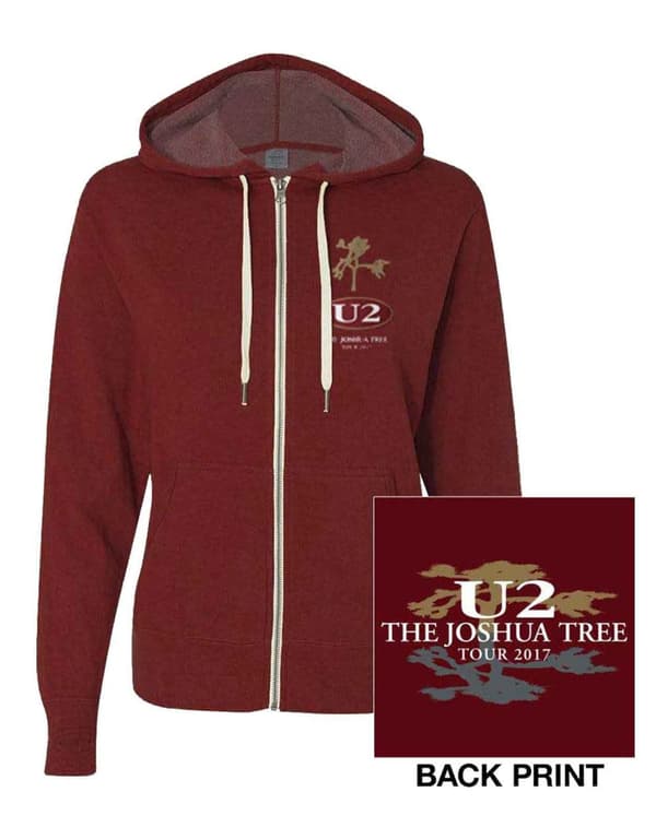 U2 Hoodie Joshua Tree 2017 Official Mens Maroon Red Zipped Ex Tour