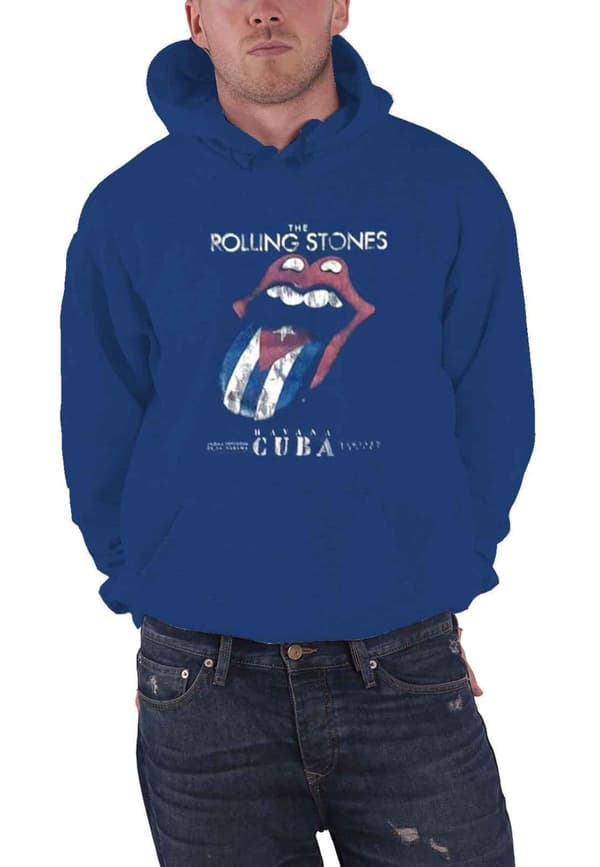 The Rolling Stones Hoodie Havana Cuba Band Logo Official Mens Navy Blue Pullover Blue XL